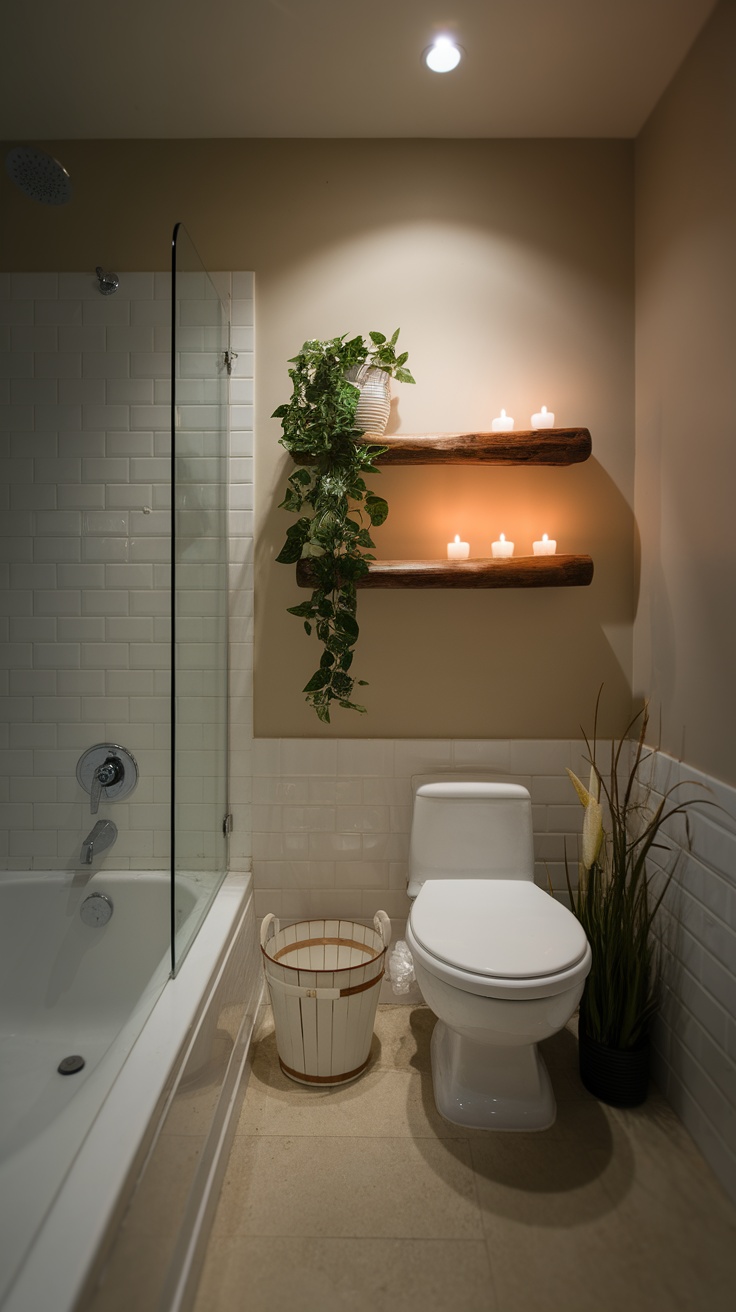 A small bathroom with a bathtub, shower, and warm lighting, featuring candles and plants for a spa-like atmosphere.