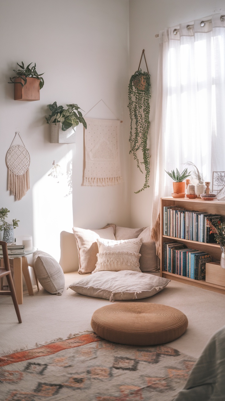 A cozy reading nook with soft cushions, plants, and a bookshelf.