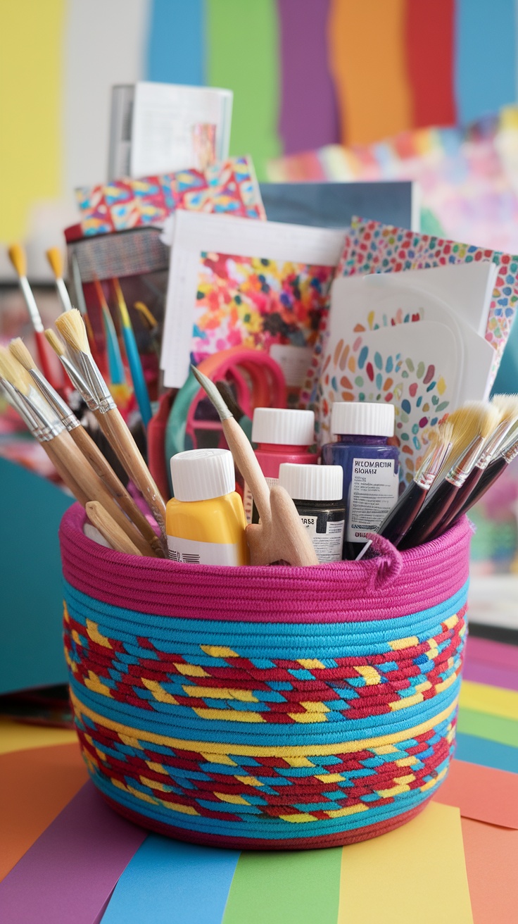 A colorful basket filled with art supplies like brushes, paints, and paper.