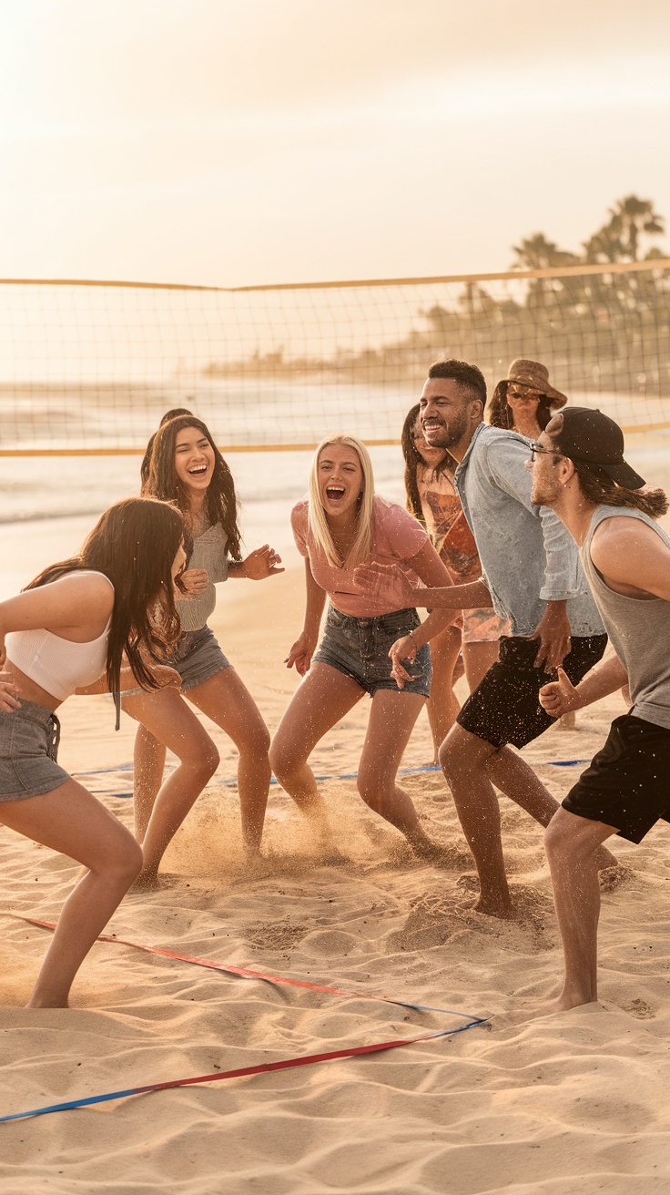 Group of friends playing musical chairs on the beach during a bachelorette party.