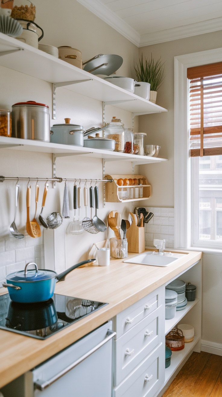 A small cottage kitchen with open shelves, pots, and utensils organized creatively.