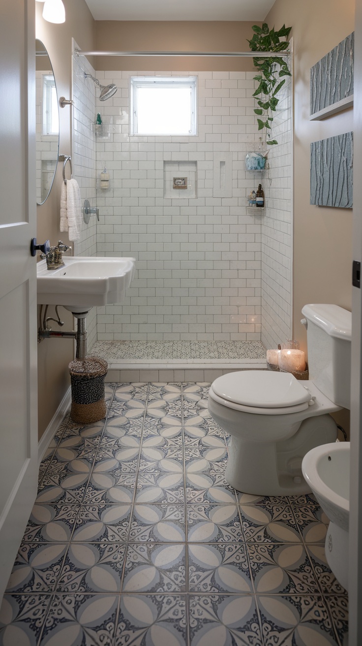 A small bathroom featuring creative tile patterns on the floor and a modern shower area.