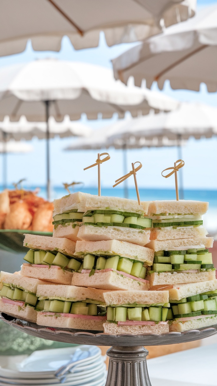 A stack of cucumber sandwiches with cream cheese on a decorative platter, set against a beach backdrop.