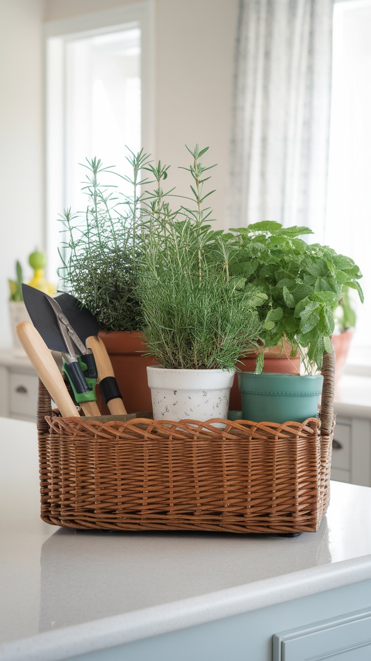 A basket containing various herbs and gardening tools.