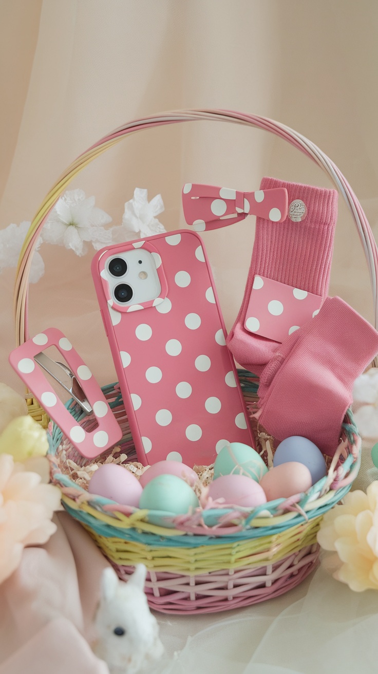 A colorful Easter basket filled with pink polka-dot phone accessories, including a phone case, hair clip, and socks, alongside pastel-colored eggs.