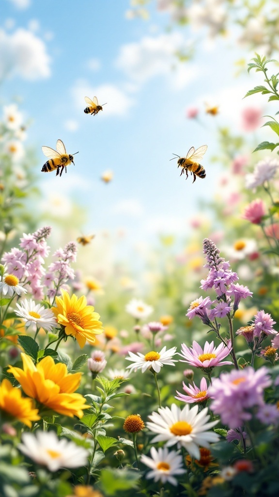 A colorful spring garden filled with various flowers and bees flying around.