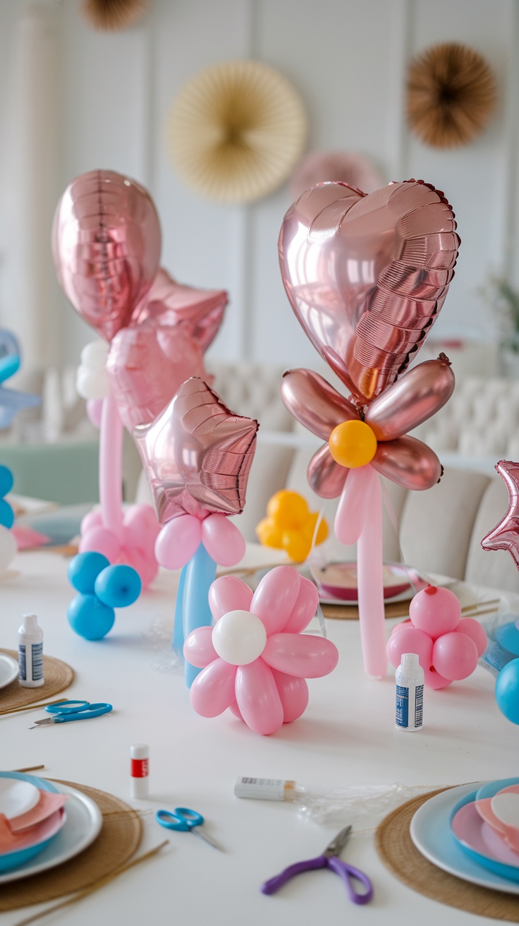 Colorful DIY balloon centerpieces on a table for decoration.