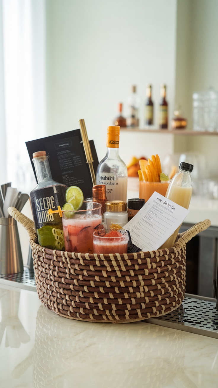 A stylish basket filled with cocktail ingredients and recipe card