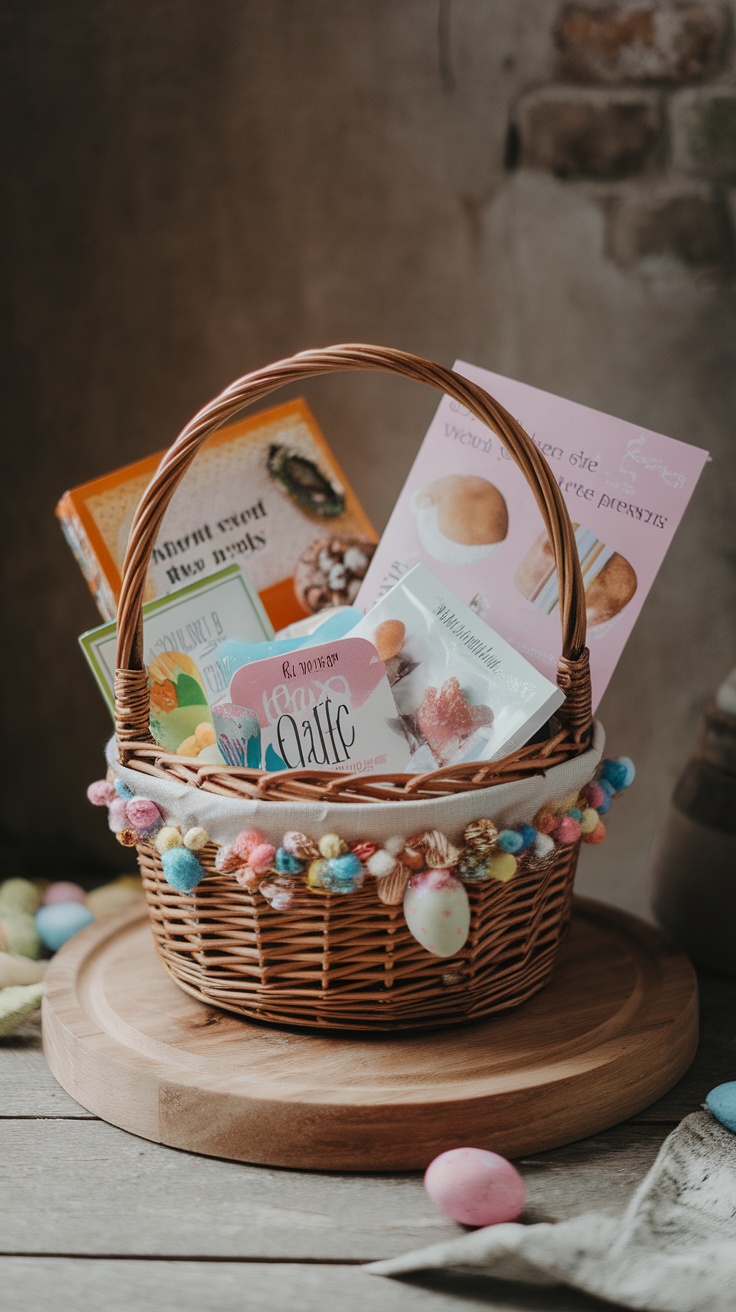 A colorful Easter basket filled with various DIY craft kits and supplies.