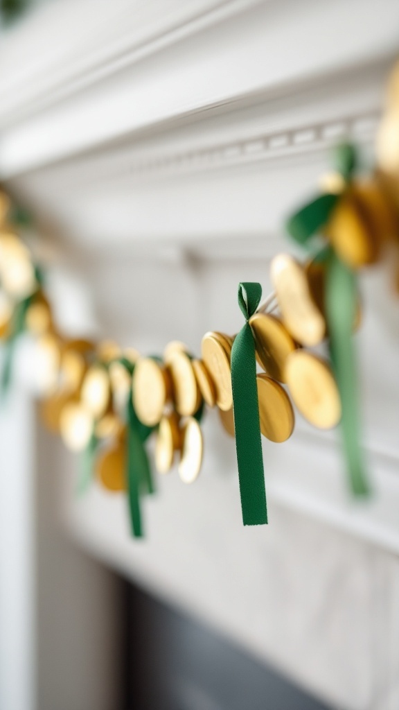 A garland made of gold coins and green ribbons hanging over a mantel.