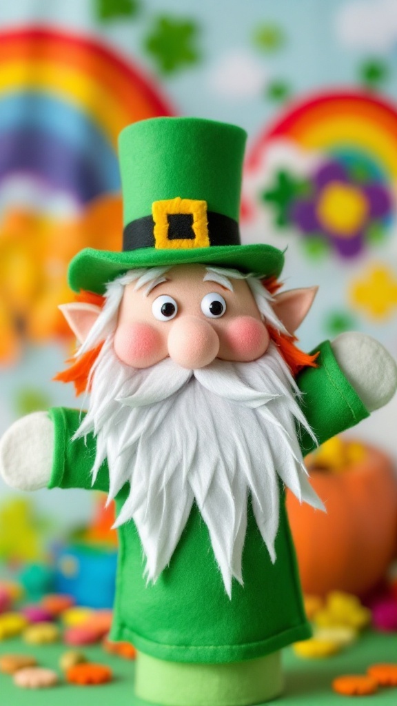 A cheerful leprechaun puppet with a green hat and red beard, standing in front of a rainbow background.