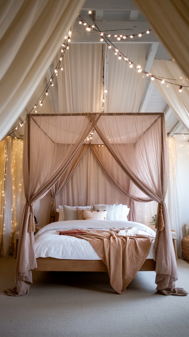 A cozy beachy boho bedroom featuring a canopy bed with soft drapes and fairy lights.