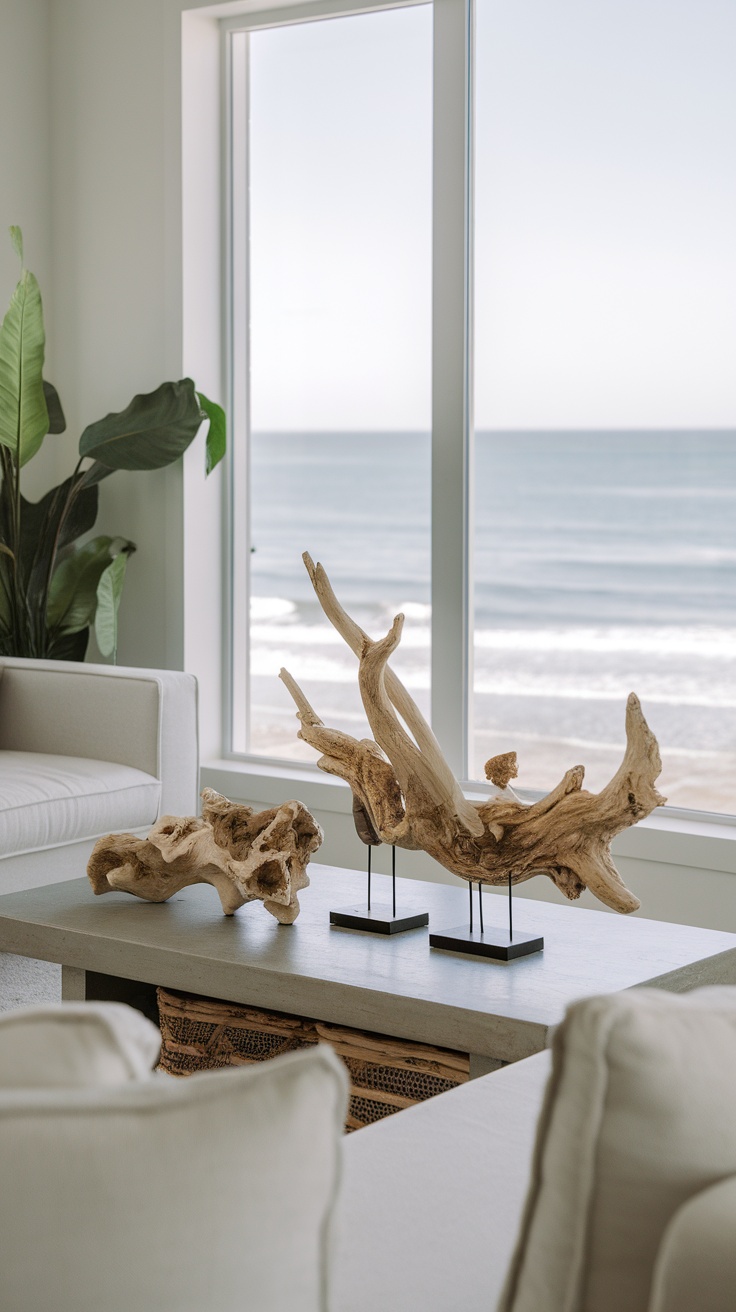 A cozy beach room with driftwood decor elements on a table, overlooking the ocean.