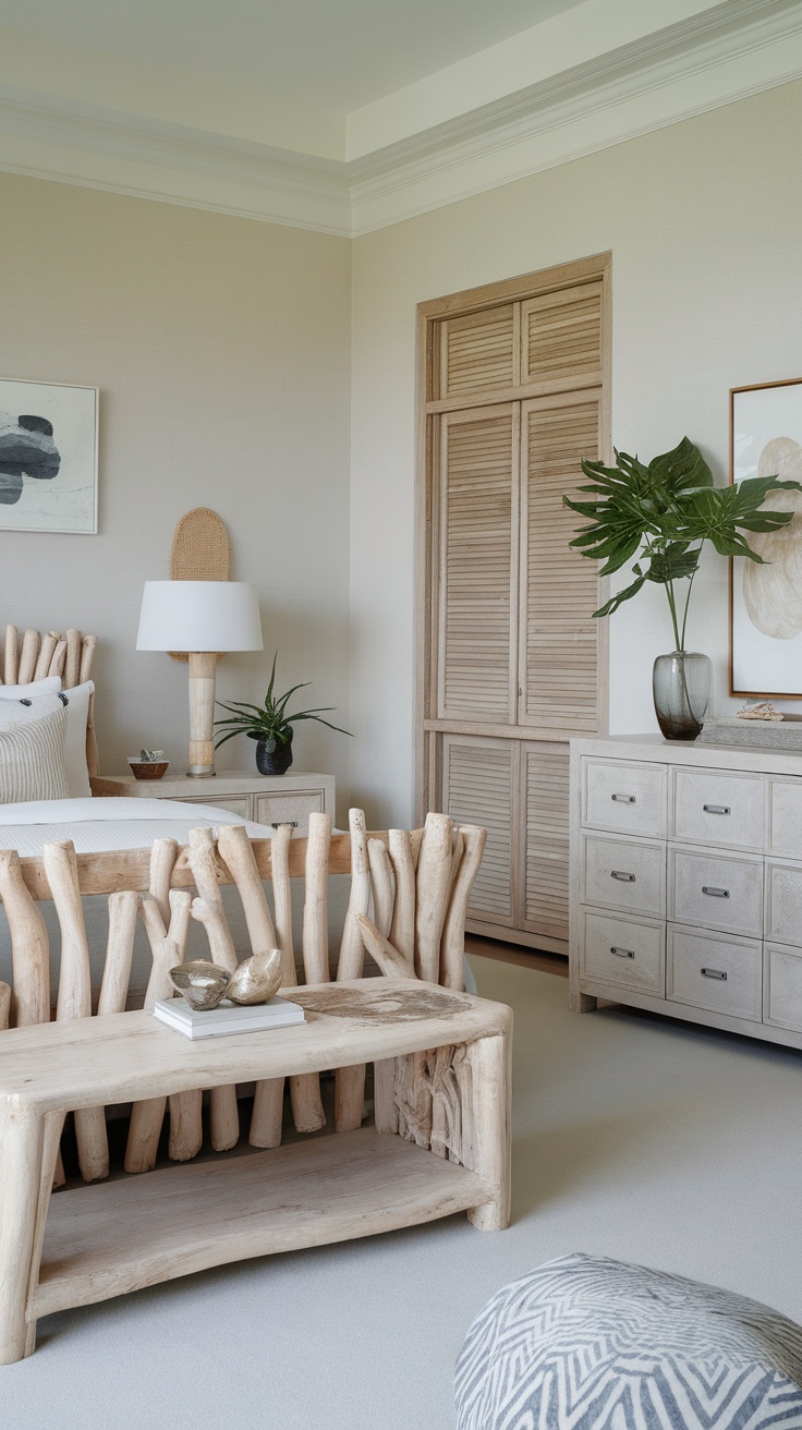Coastal bedroom with driftwood furniture accents.