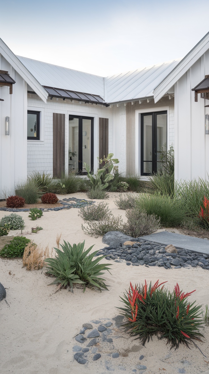 Eco-friendly landscaping featuring native plants, sand, and stones around a modern coastal home.