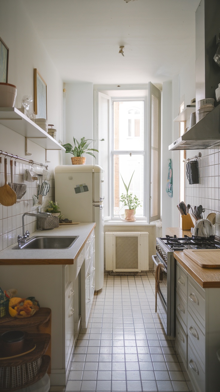 A cozy, small kitchen with open shelving, a classic fridge, and plants by the window.