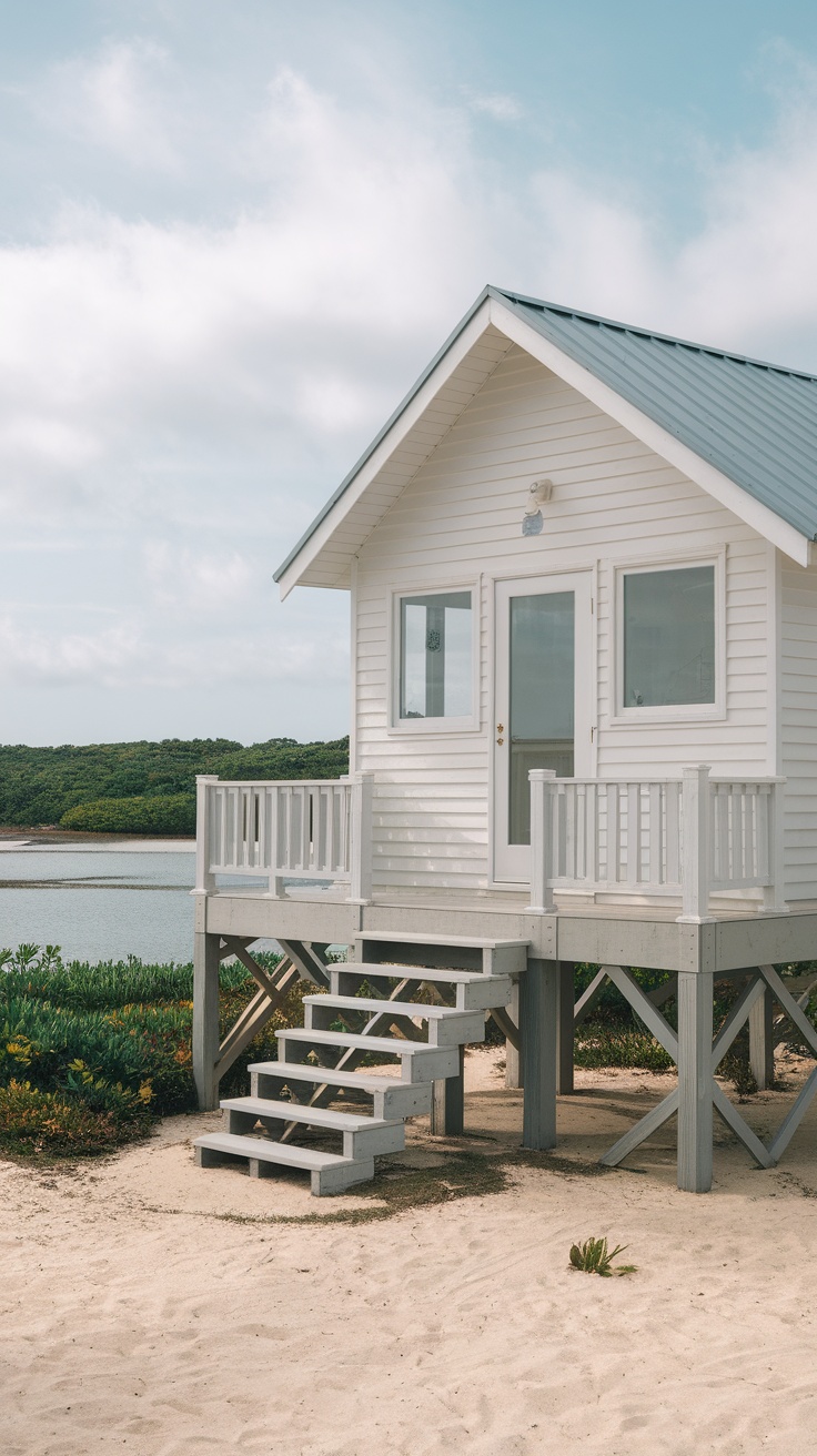 Photo of a white beach cottage elevated on stilts with a sandy area in front.