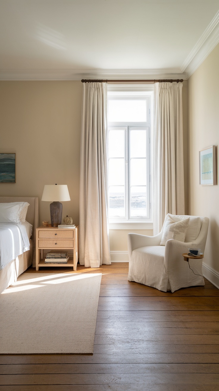 A minimalist coastal cottage bedroom featuring light colors and natural materials.