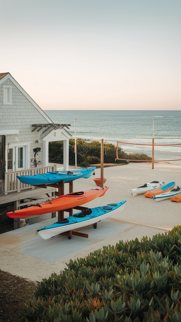 A modern coastal home with kayaks and a volleyball net by the beach.