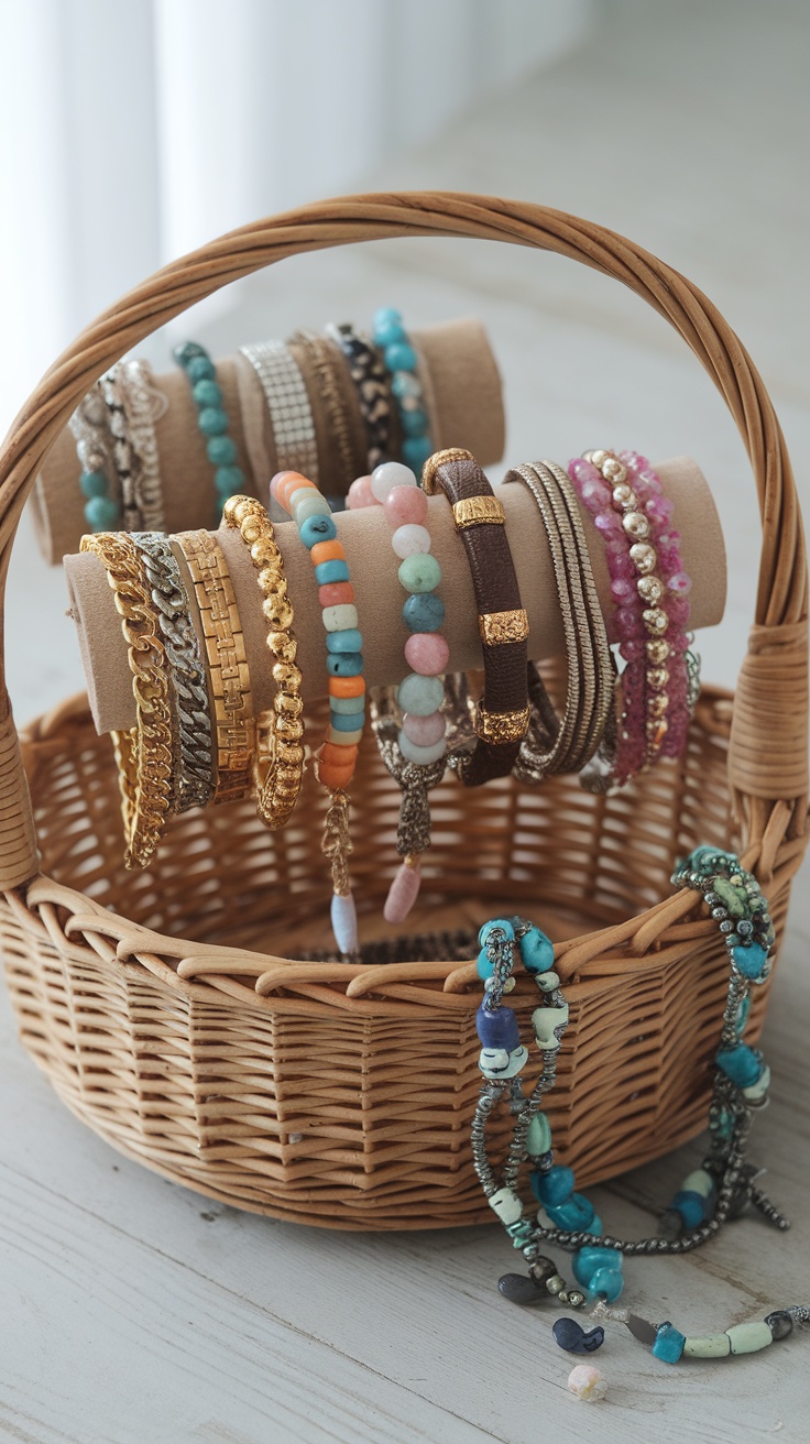 A woven basket filled with various stylish bracelets and necklaces.