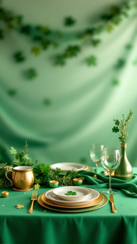 A beautifully decorated green table for St. Patrick's Day with shamrocks and gold accents.