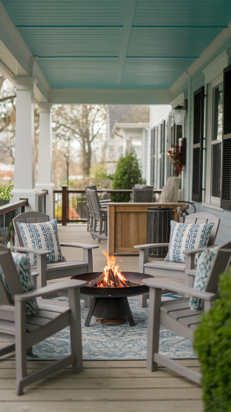 Cozy porch with a fire pit surrounded by chairs and decorative pillows.