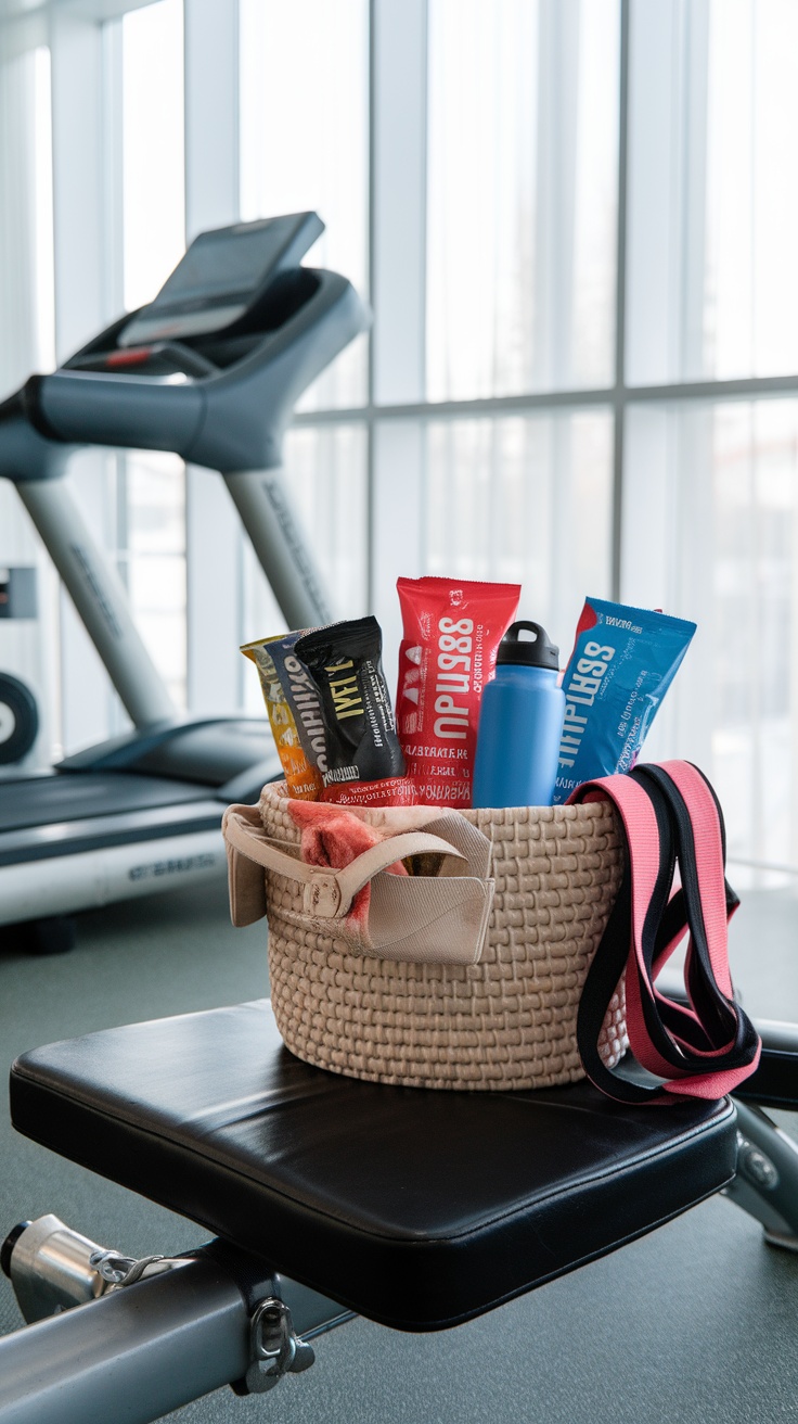 A fitness basket with protein bars, a water bottle, and resistance bands on a gym bench.