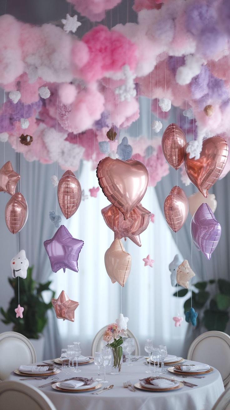 A festive arrangement of floating balloon clouds in pink and purple tones, with metallic balloons and soft accents above a dining table.