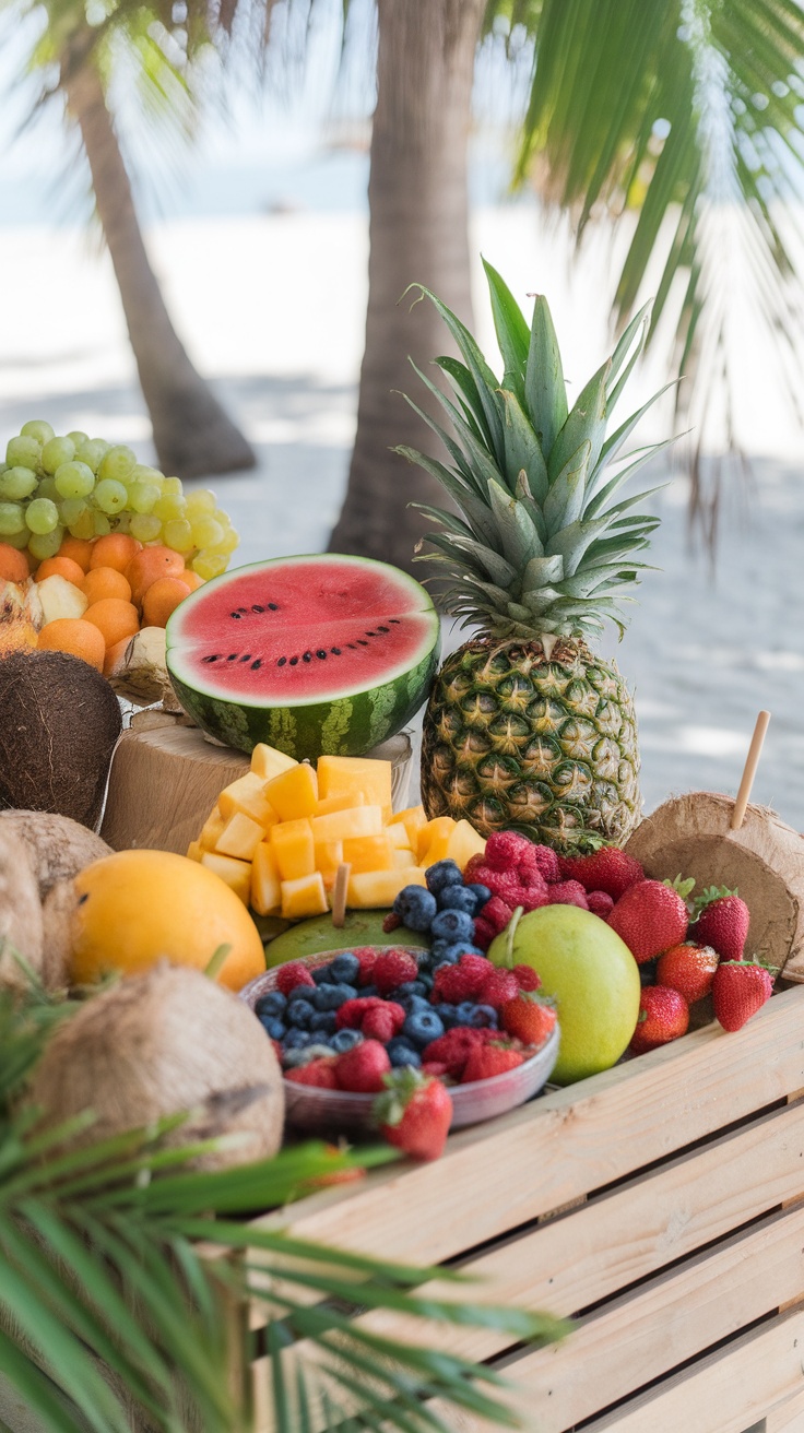 A colorful display of fresh fruits including watermelon, pineapple, and berries arranged for a beach bridal shower mocktail station.