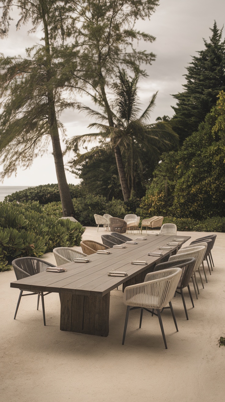 Outdoor dining area with a large wooden table and various stylish chairs in a coastal setting.