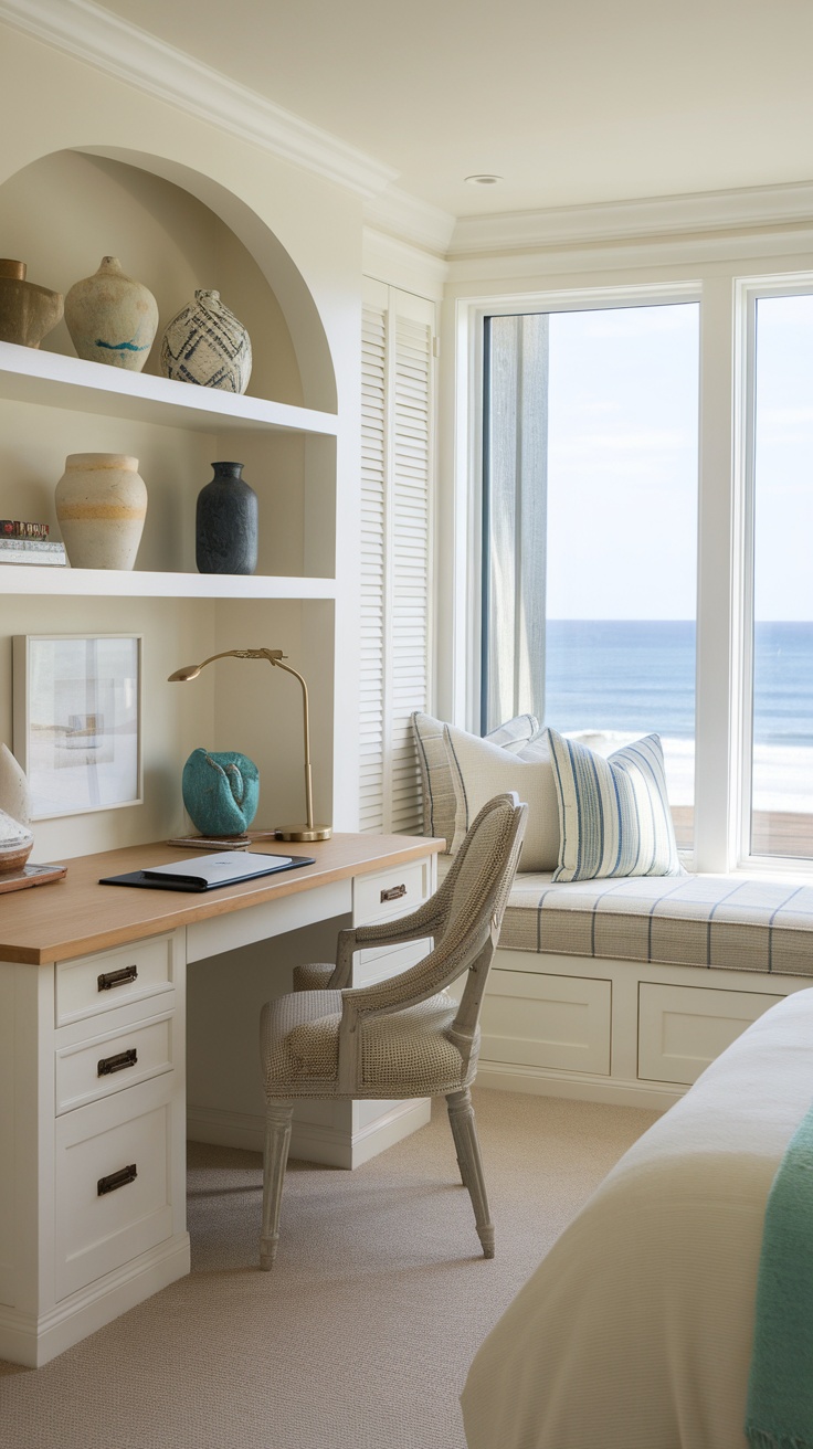Coastal workspace featuring a desk, chair, and window seat with ocean view.