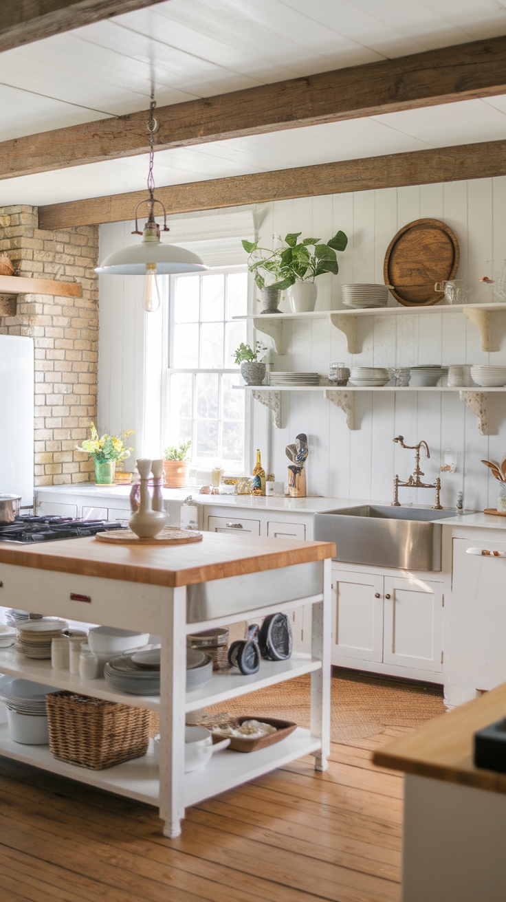 A bright and functional farmhouse kitchen with an island, open shelving, and natural light.