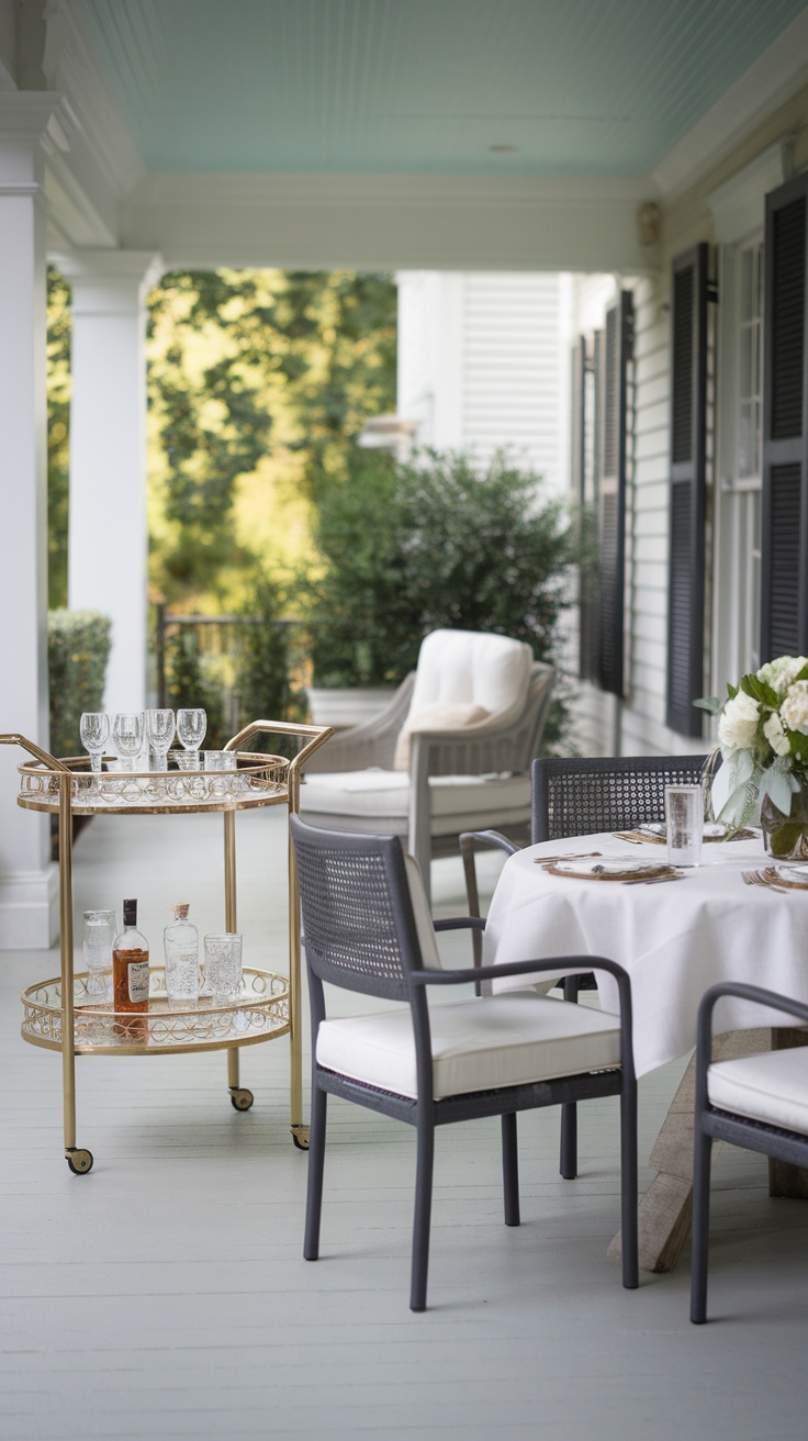 A cozy porch setup featuring a dining table, chairs, and a bar cart.