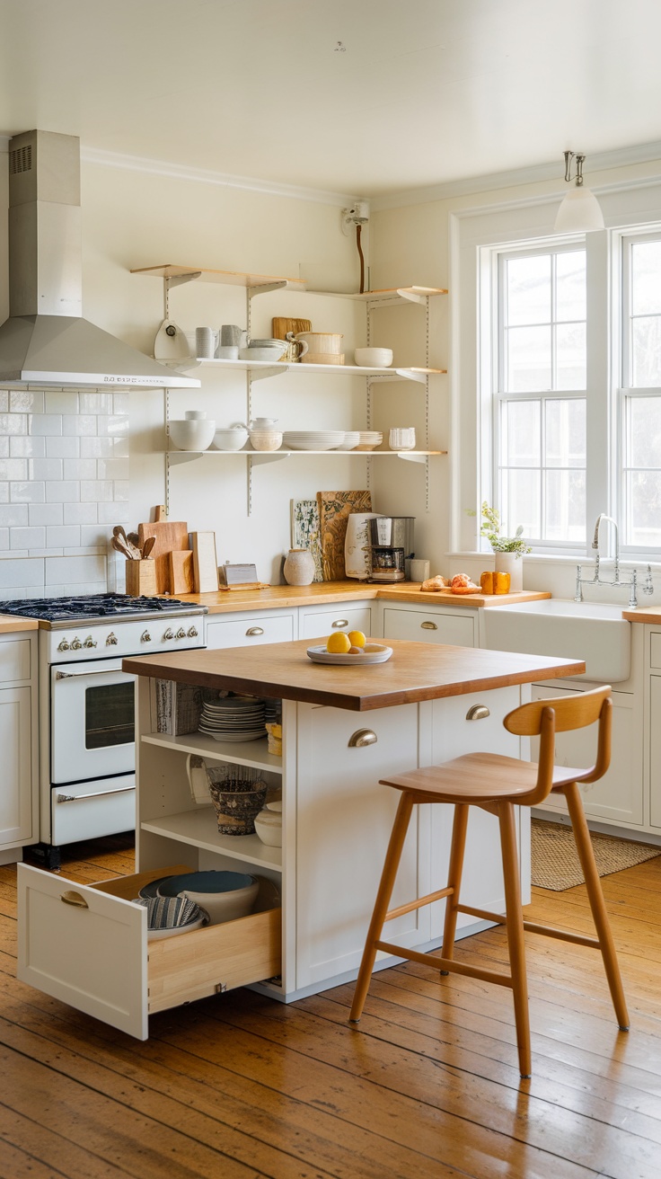 A cozy cottage kitchen featuring a wooden island with storage, white cabinets, and open shelving.