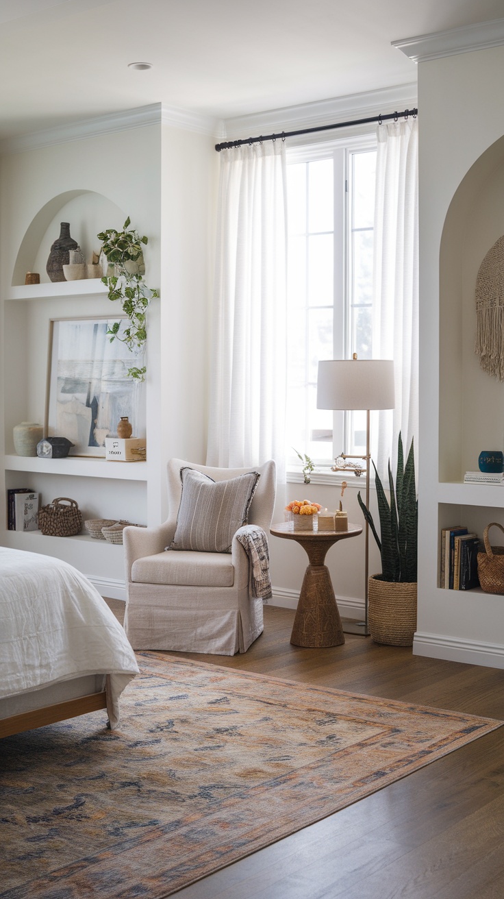 A cozy nook in a boho coastal bedroom with a chair, side table, and decorative elements.