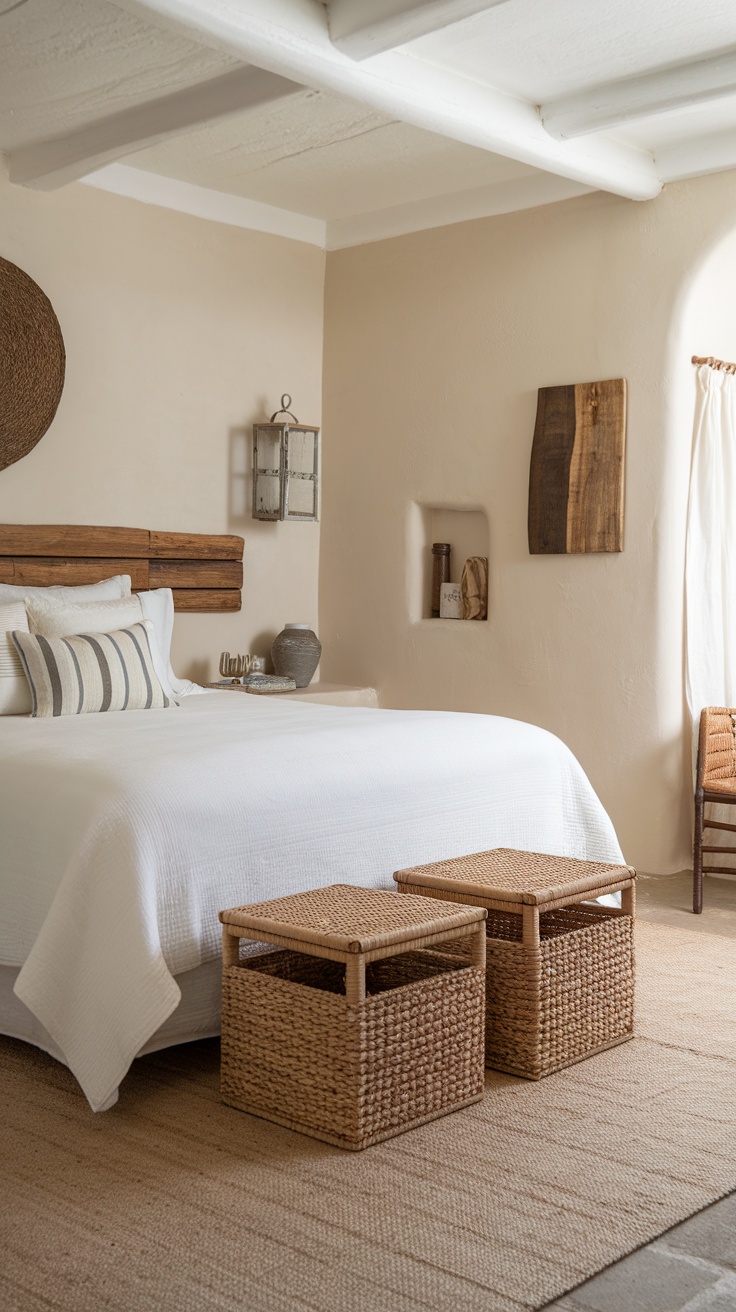 Coastal cottage bedroom with a stylish bed and functional storage solutions like woven baskets.