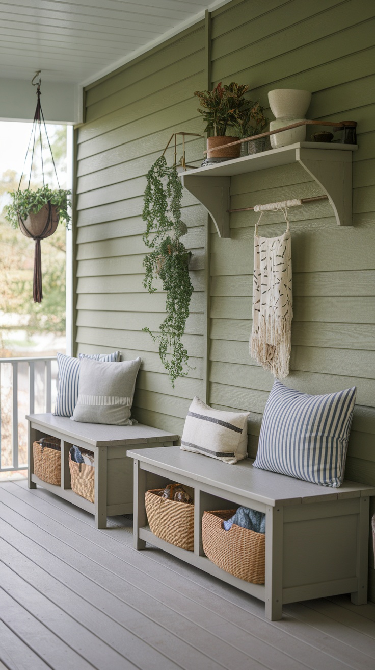 A cozy porch with benches and baskets for storage, decorated with plants and pillows.