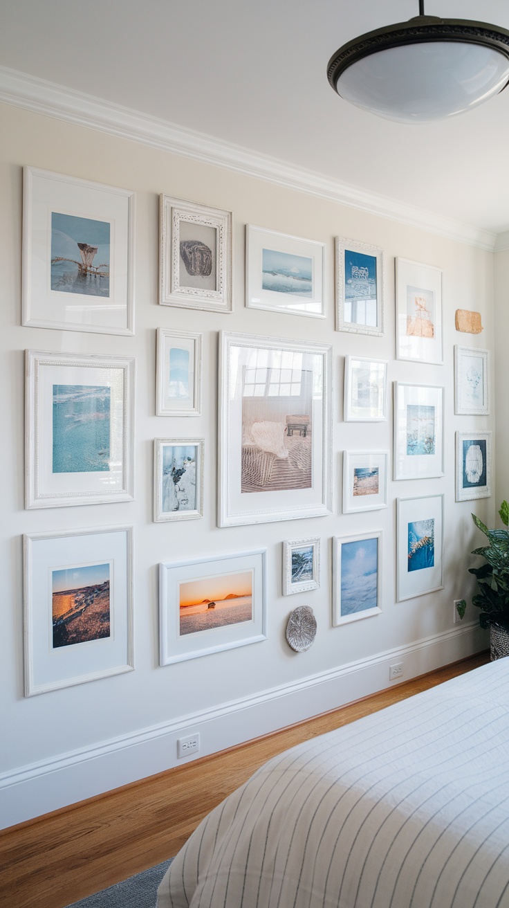 Gallery wall featuring various coastal-themed framed images