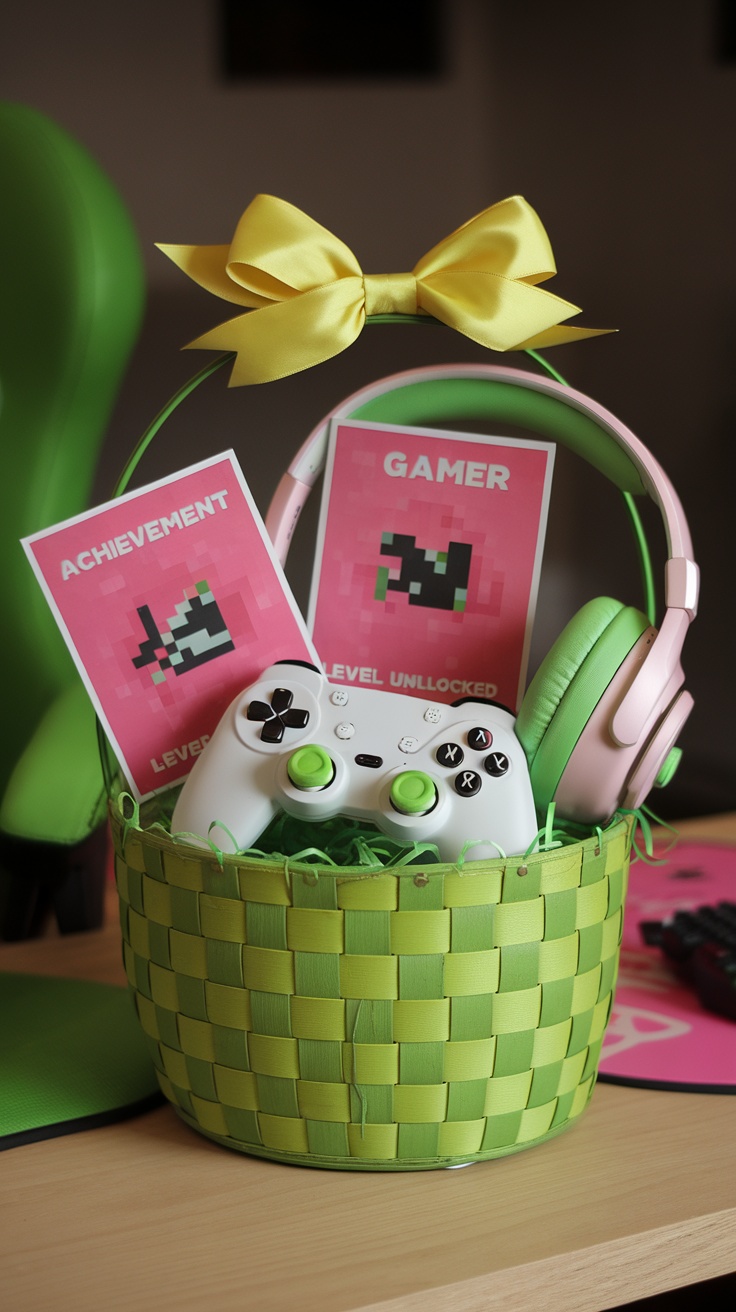 Easter basket filled with gaming merchandise including a controller and headphones.