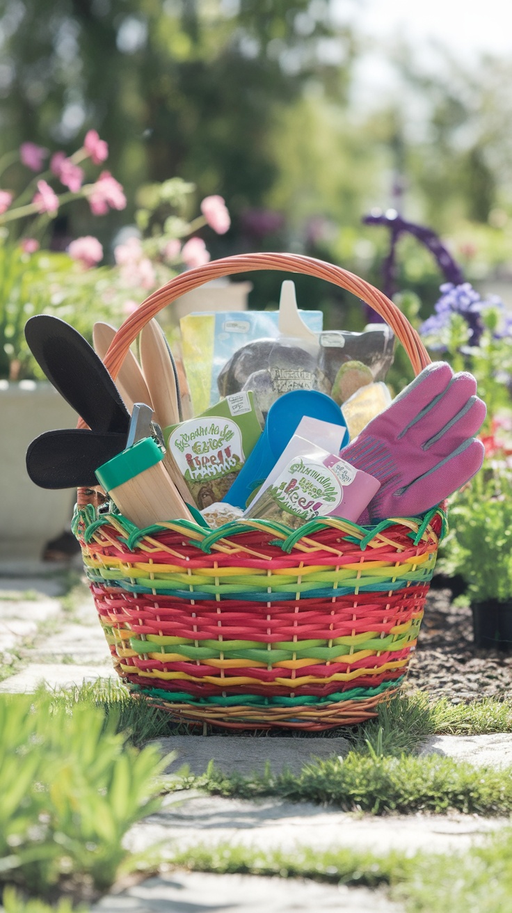 A vibrant gardening kit in a colorful basket, filled with tools and seeds.