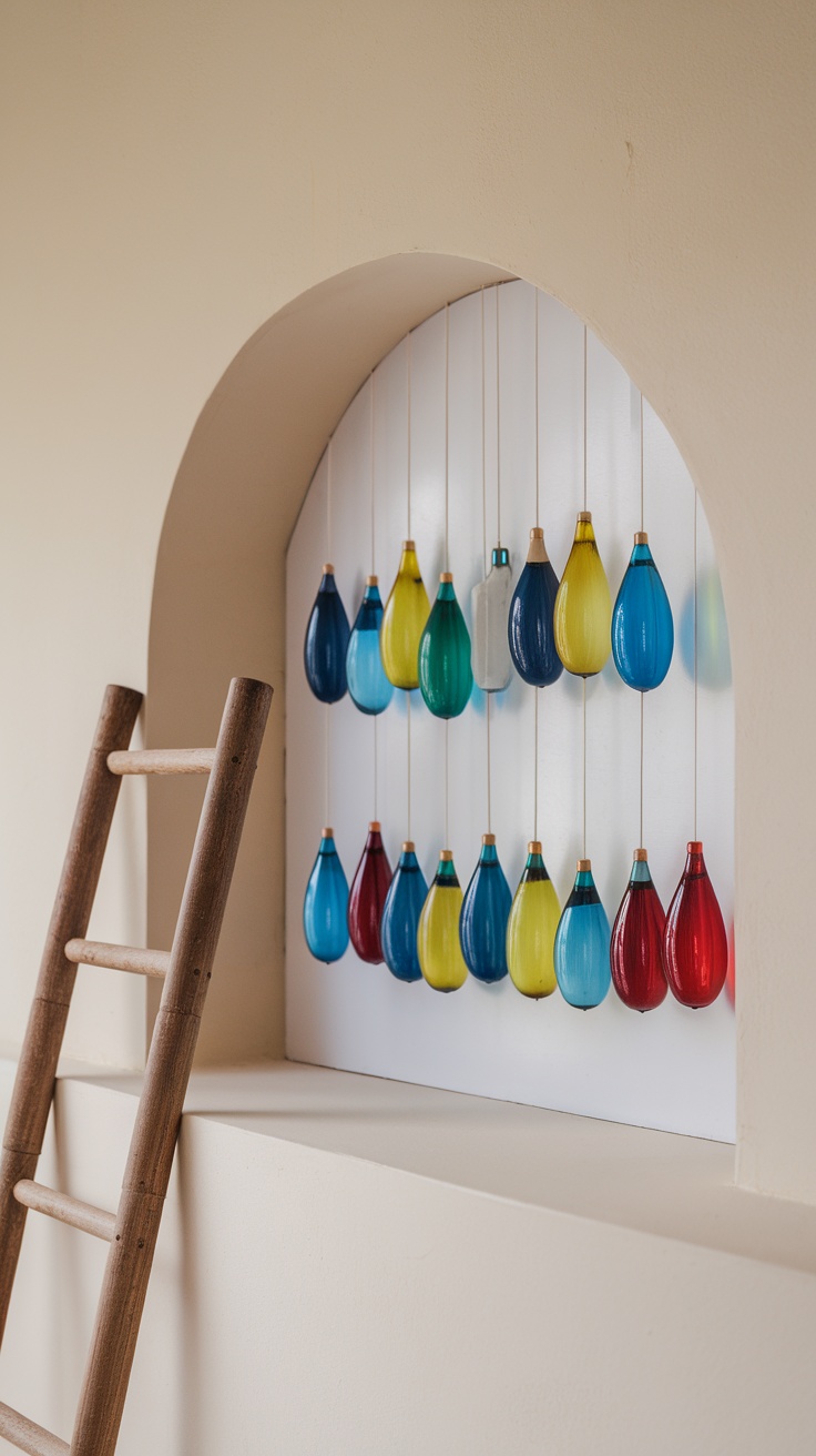 Colorful glass buoy displays hanging on a wall