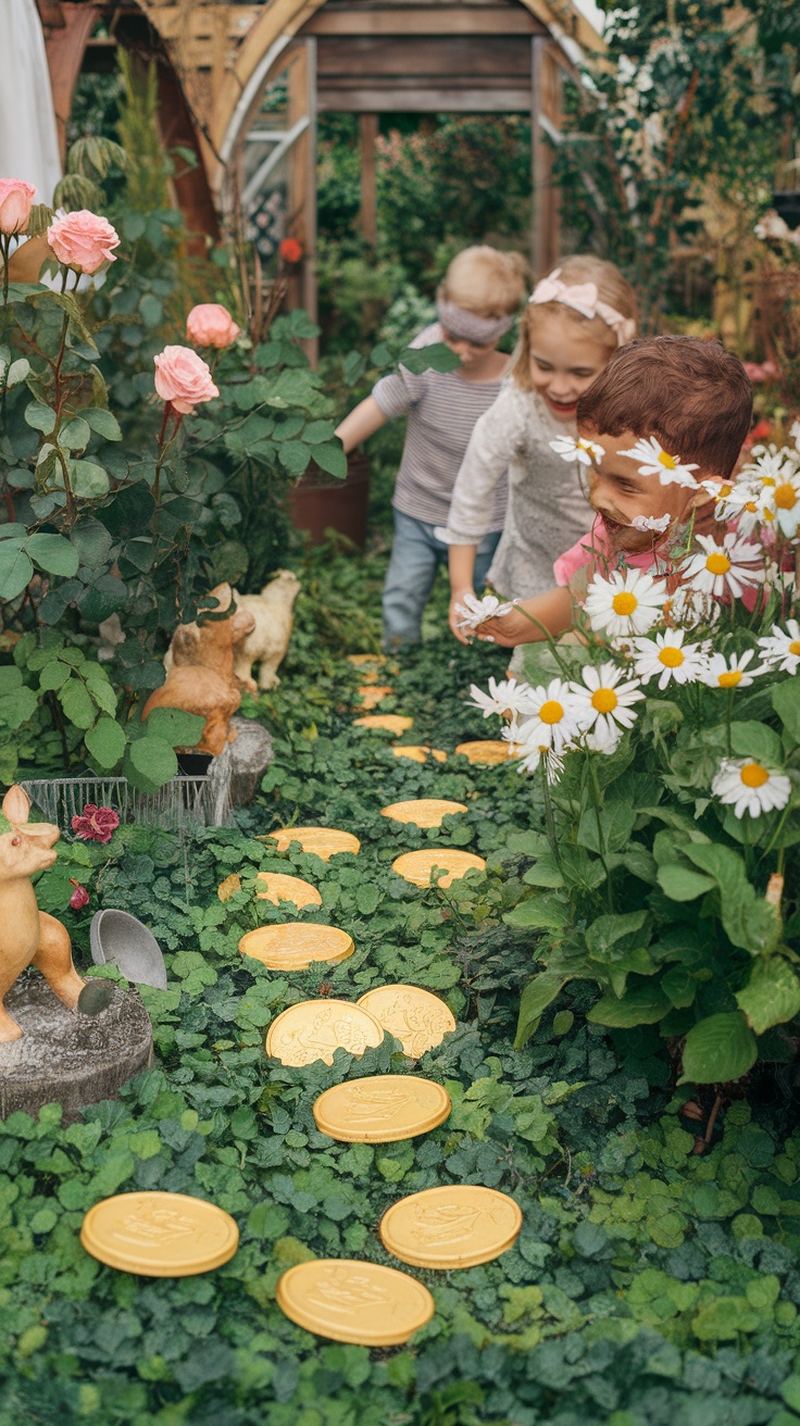 Children playing in a garden while searching for gold coins among flowers and greenery.