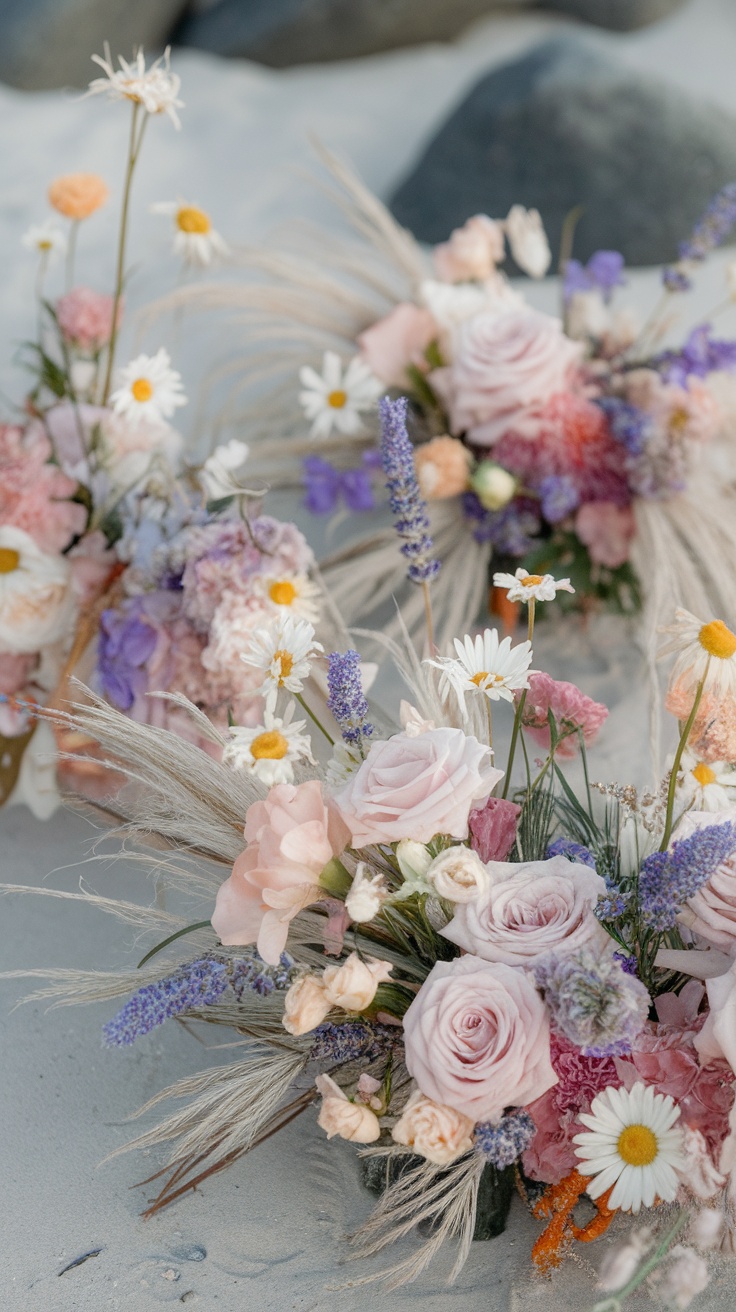 Floral arrangements featuring pink and purple flowers with coastal elements on a sandy beach