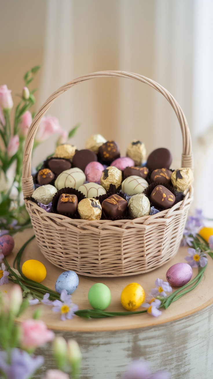 A beautiful Easter basket filled with assorted gourmet chocolates and colorful eggs.