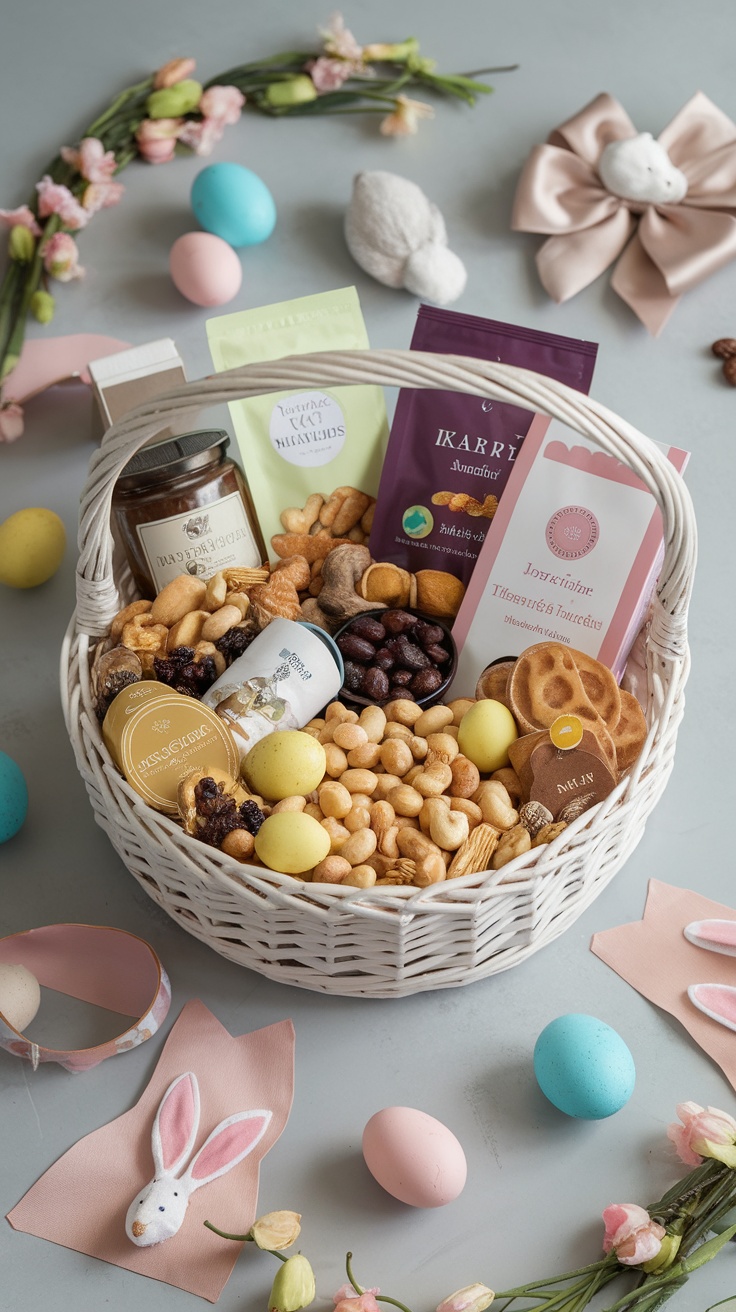 A beautifully arranged Easter basket filled with gourmet snacks and colorful decorations.