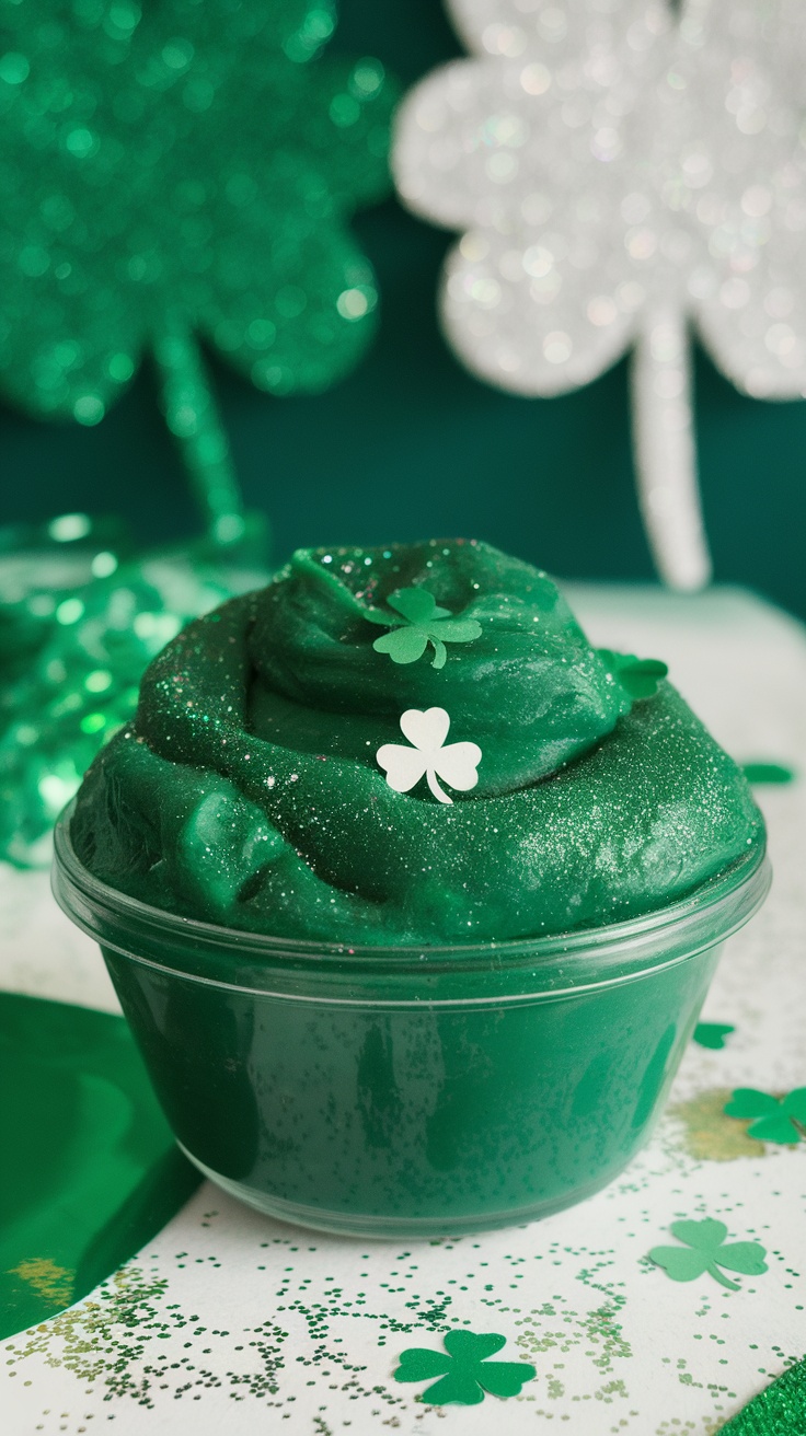 A vibrant green slime in a container, adorned with glitter and shamrock decorations, set against a festive background.