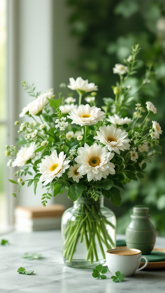 A beautiful floral arrangement featuring white daisies and greenery in a clear vase, with a coffee cup nearby.