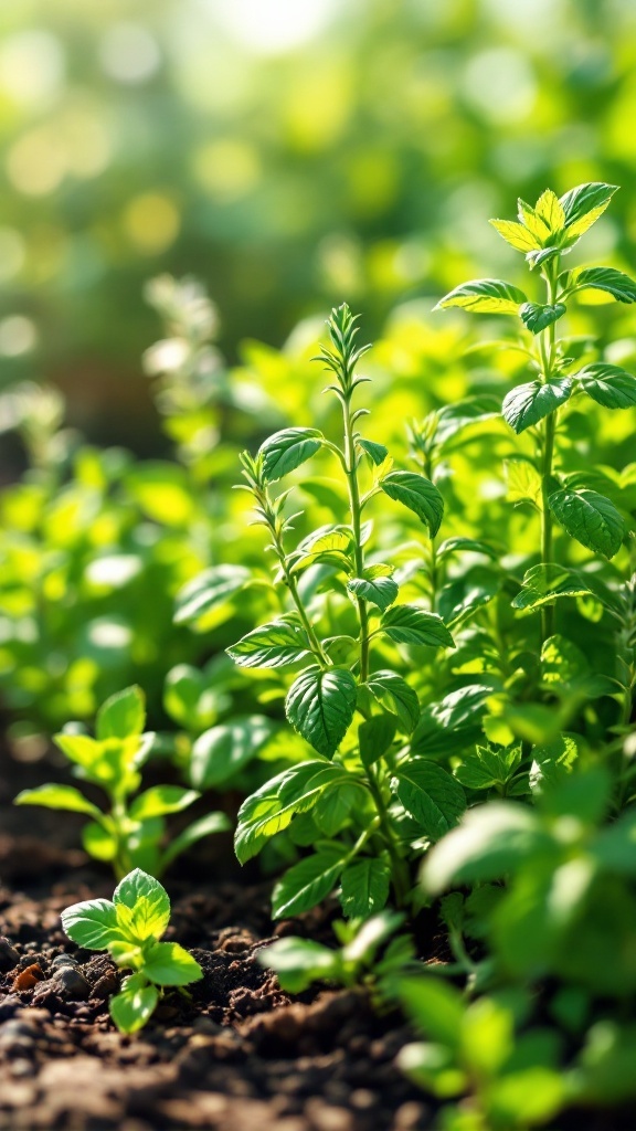 Close-up of lush green herbs growing in a garden