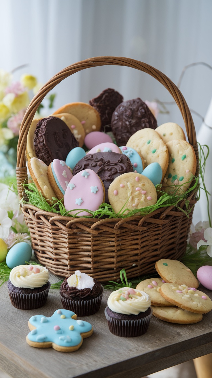 A beautifully arranged Easter basket filled with decorated cookies, chocolate treats, and colorful cupcakes.