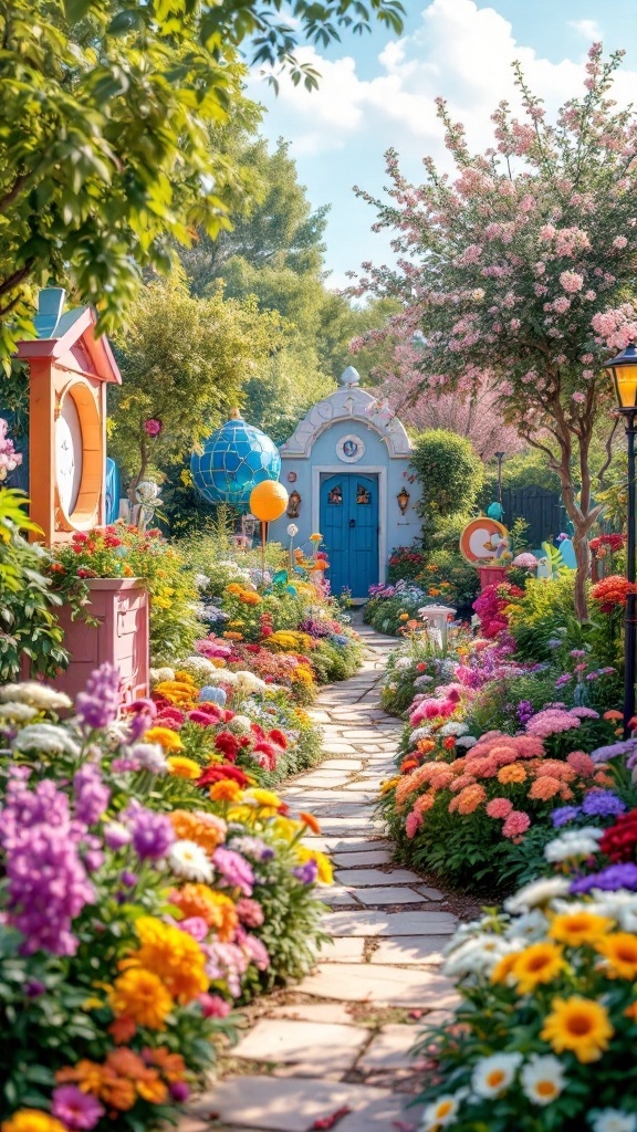 A vibrant spring garden filled with colorful flowers, a stone path, and decorative elements like sculptures and signs.